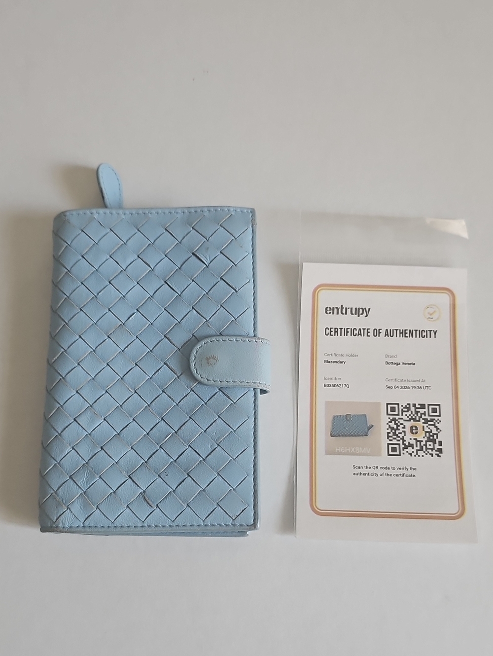 Authentic Bottega Veneta Intrecciato Leather Tab Wallet Light Blue W/ Entrupy CO